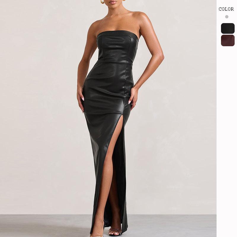 2024 Summer Women's Sexy Tubeless Dress Off-Shoulder Slim Long PU Leather Long Skirt for Women - TechTrendzNz