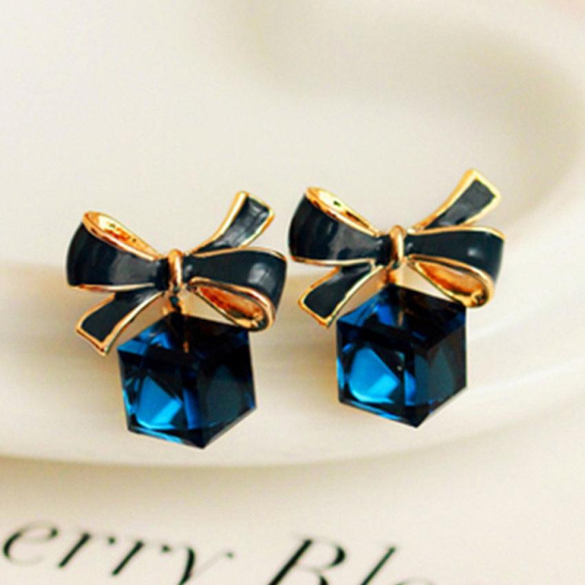 New Jewelry Fashion Gold Color Bowknot Cube Crystal Earring Square Bow Earrings For Women Pretty - TechTrendzNz